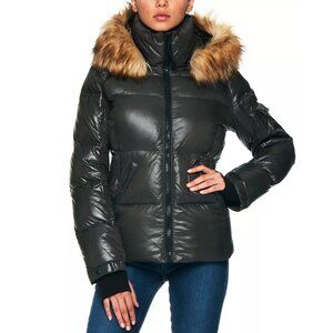 S13 Allie Faux-Fur Trim Hooded Down Puffer Coat Jacket in Black Size XL
